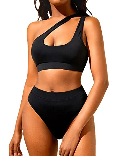 Two Piece Swimsuits for Women One Shoulder High Waisted Bikini Set