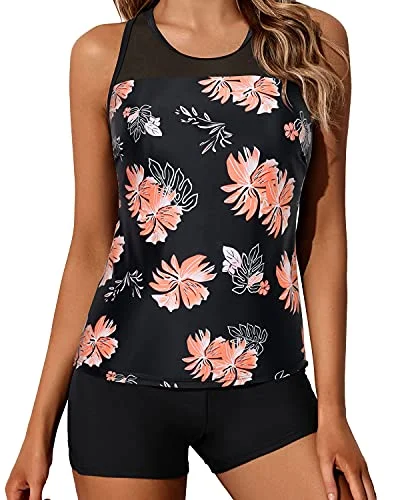 Ladies Mid-Waist Solid Boyleg Bottom Tankini Swimsuit-Black Orange Floral