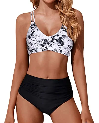 Sexy Women High Waisted Bikini Set Push Up Wrap Swimsuit-Black And White Tie Dye