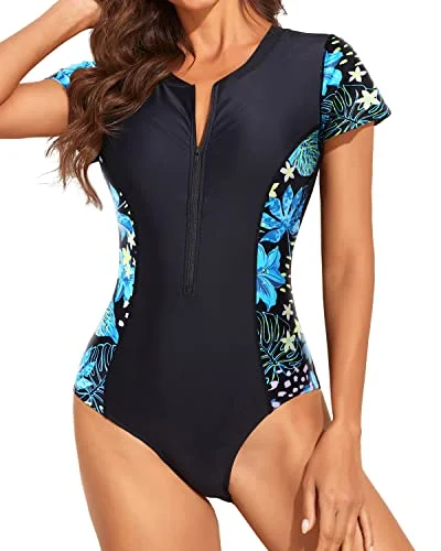 Womens Short Sleeve Rash Guard One Piece Swimsuit Zip Up Bathing Suit-Tropical Leaves Womens Short Sleeve Rash Guard One Piece Swimsuit Zip Up Bathing Suit-Tropical Leaves