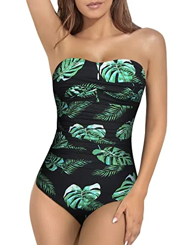 Women's Strapless Bandeau Bathing Suit Tummy Control One Piece Swimsuit-Black And Green Leaf Women's Strapless Bandeau Bathing Suit Tummy Control One Piece Swimsuit-Black And Green Leaf