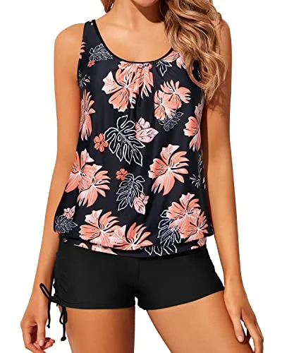 Trendy And Modest Women's Blouson Tankini Bathing Suits Boyshorts-Black Orange Floral Trendy And Modest Women's Blouson Tankini Bathing Suits Boyshorts-Black Orange Floral