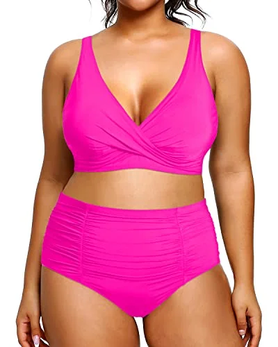 Ruched 2 Piece Plus Size Bikini High Waisted Swimsuits Tummy Control Bathing Suits-Neon Pink