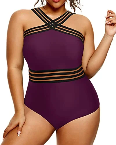 Plus Size One Piece Swimsuits Tummy Control High Waisted Full Coverage Monokinis-Maroon Plus Size One Piece Swimsuits Tummy Control High Waisted Full Coverage Monokinis-Maroon