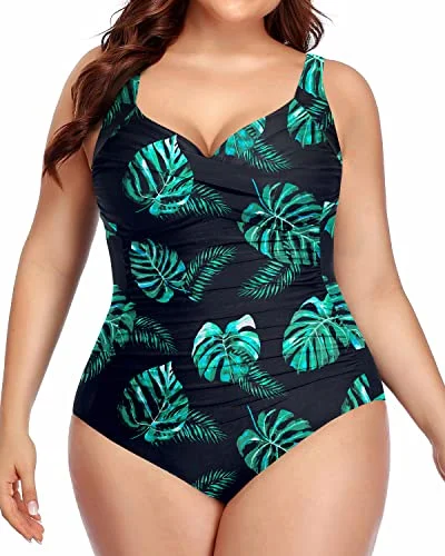 Sweetheart Neckline Twist Front Ruched Plus Size Sexy Swimsuits For Women-Black And Green Leaf Sweetheart Neckline Twist Front Ruched Plus Size Sexy Swimsuits For Women-Black And Green Leaf
