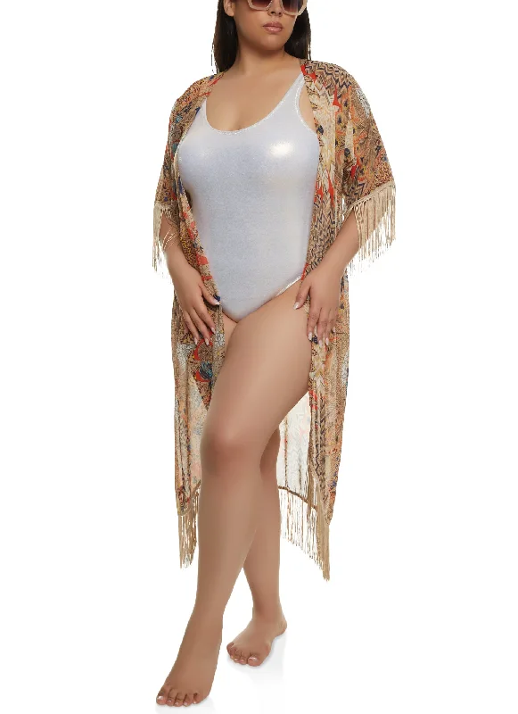 Psychedelic Print Fringe Cover Up Kimono