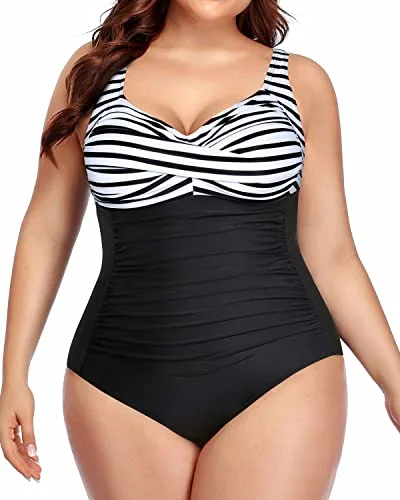 Tummy Control Retro One Piece Swimsuits Vintage Plus Size Swimwear-Black And White Stripe Tummy Control Retro One Piece Swimsuits Vintage Plus Size Swimwear-Black And White Stripe