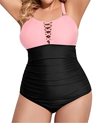 Women's Plus Size One Piece Swimsuit Deep V Neck Tummy Control Bathing Suit-Pink And Black Women's Plus Size One Piece Swimsuit Deep V Neck Tummy Control Bathing Suit-Pink And Black