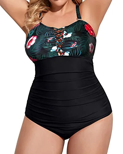 Vintage Plus Size Tummy Control One Piece Swimsuit Deep V Neck Bathing Suit-Black Floral Vintage Plus Size Tummy Control One Piece Swimsuit Deep V Neck Bathing Suit-Black Floral