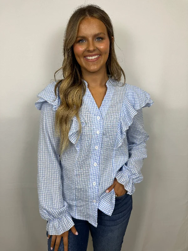 Blue & white gingham ruffle long sleeve