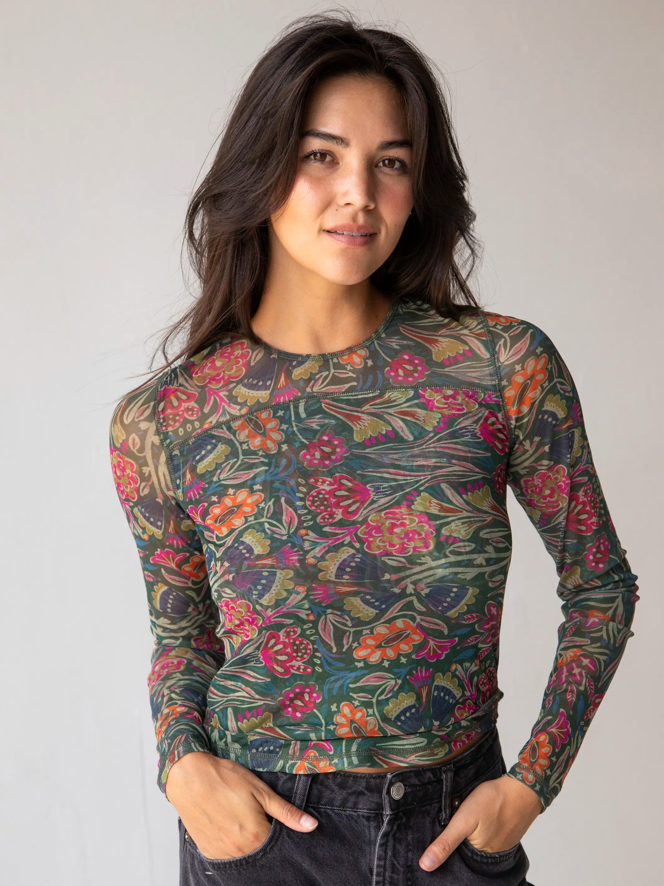 Sloane Mesh Long Sleeve Top - Green Lined Floral