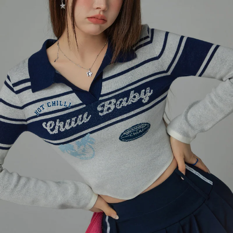 Chuu Baby Open Collar Cropped Knit T-Shirt