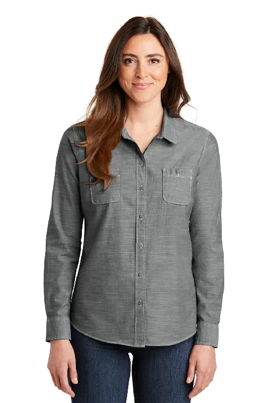 Port Authority Womens Slub Chambray Long Sleeve Button Down Shirt w/ Double Pockets - Grey