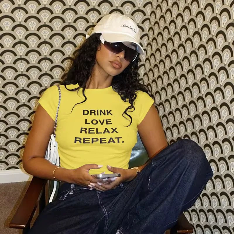 Drink Love Relax Repeat Yellow Crop Top