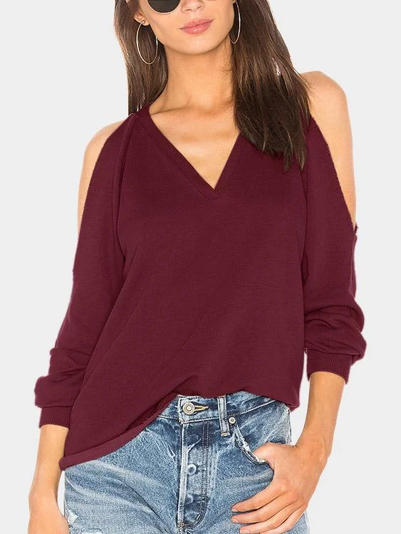 OEM ODM V-Neck Cold Shoulder Cut Out Long Sleeve Burgundy T-Shirts