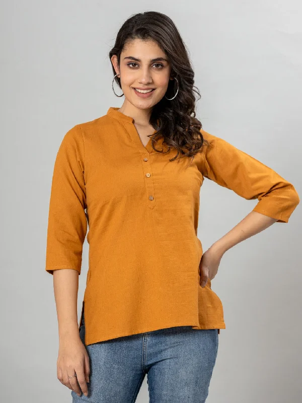 Solid Cotton Flax Women Top - Mustard