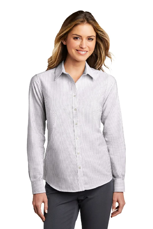 Port Authority Womens SuperPro Wrinkle Resistant Long Sleeve Button Down Shirt - Gusty Grey/White - Closeout Port Authority Womens SuperPro Wrinkle Resistant Long Sleeve Button Down Shirt - Gusty Grey/White - Closeout