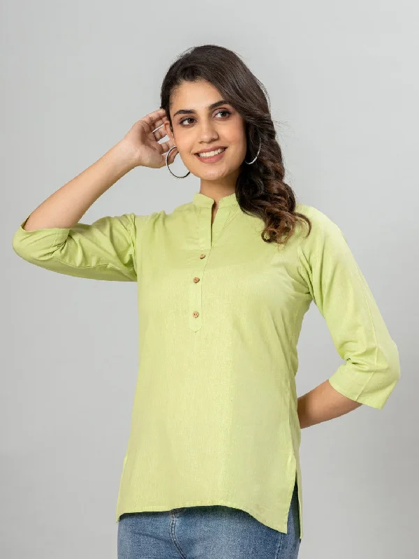 Solid Cotton Flax Women Top - Pista Green