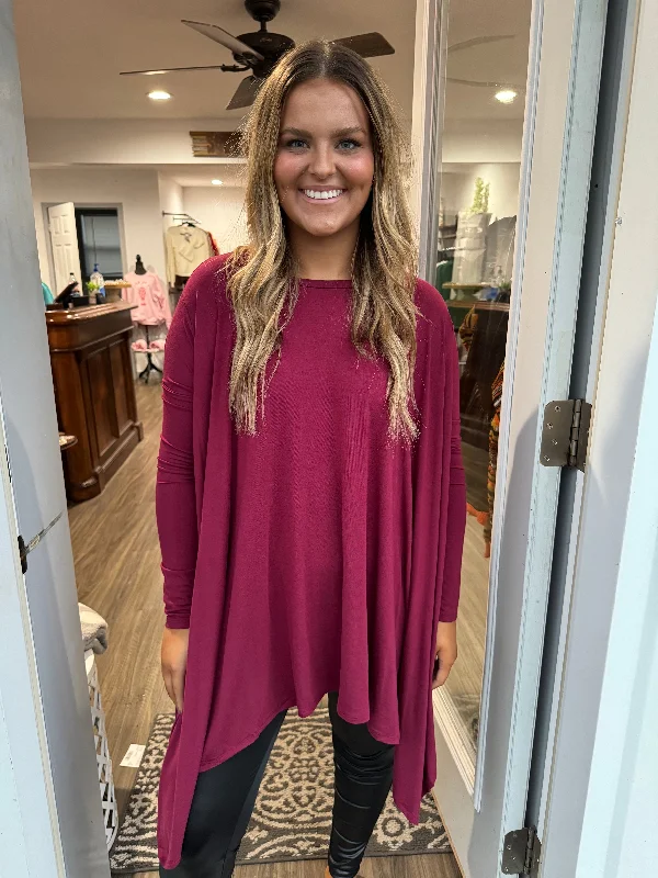 Burgundy high low long sleeve top