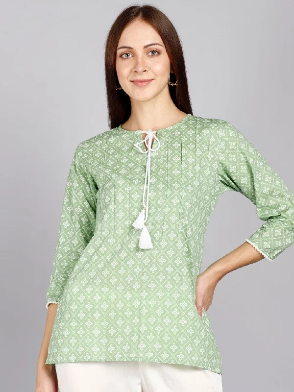 Printed Pure Cotton Pintucks Top - Green