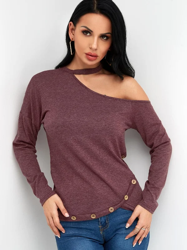 Custom Halter One Shoulder Plain Cut Out Slit Long Sleeve Irregular Hem Burgundy T-Shirts