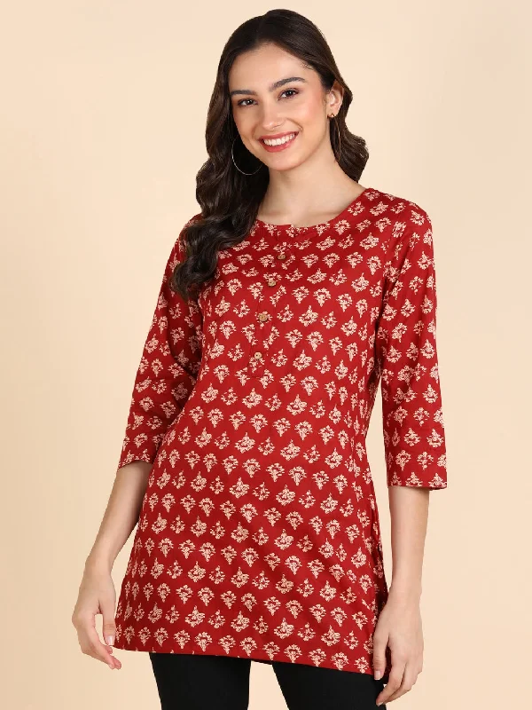 Pure Cotton Floral Printed Top - Red