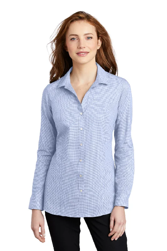Port Authority Womens Pincheck Wrinkle Resistant Long Sleeve Button Down Shirt - Blue Horizon/White - Closeout Port Authority Womens Pincheck Wrinkle Resistant Long Sleeve Button Down Shirt - Blue Horizon/White - Closeout