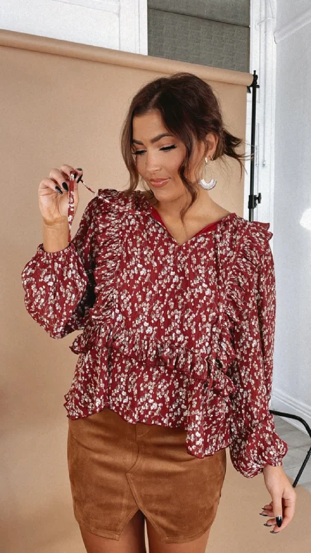 Loss For Words Blouse , Burgundy