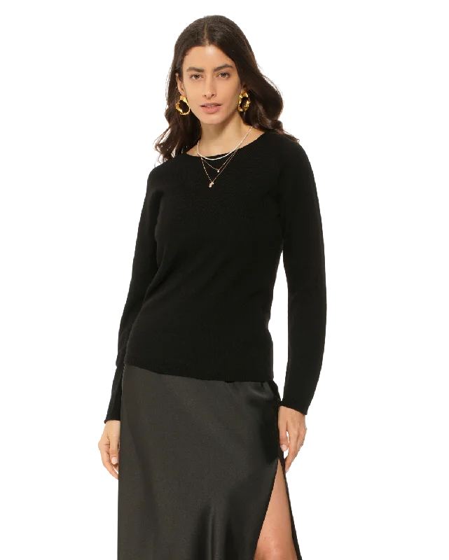 Women's Ultralight Cashmere Raglan Crew Neck Sweater Black by Monticelli Cashmere