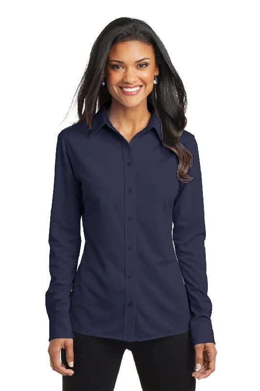 Port Authority Womens Dimension Moisture Wicking Long Sleeve Button Down Shirt - Dark Navy Blue