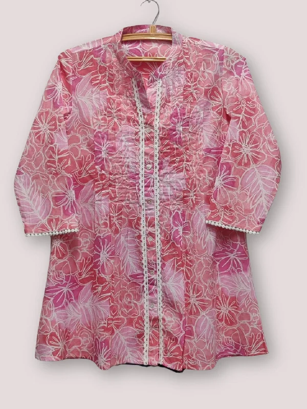 Cotton Printed Pleted Top with Lace detail - Pink