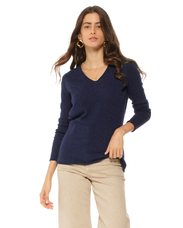 Women's Ultra-Light Cashmere V-Neck Sweater Blue by Monticelli Cashmere