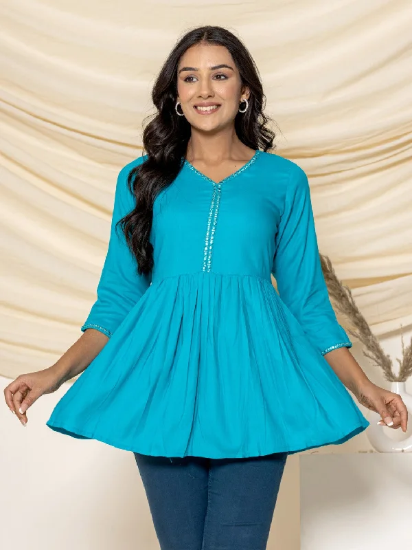 Solid Embroidered Peplum Top - Turquoise