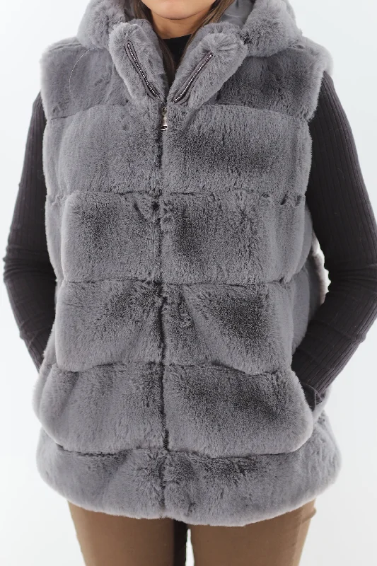 FAUX FUR HOODED VEST- GREY