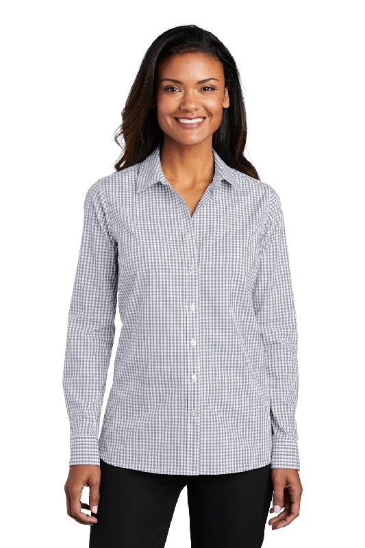 Port Authority Womens Broadcloth Gingham Wrinkle Resistant Long Sleeve Button Down Shirt - Gusty Grey/White - Closeout