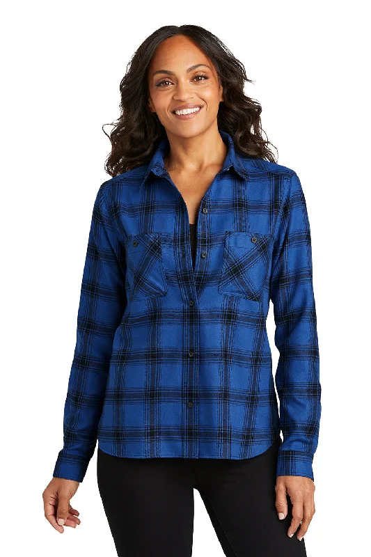 Port Authority Womens Plaid Flannel Long Sleeve Button Down Shirt w/ Double Pockets - Royal Blue/Black Plaid Port Authority Womens Plaid Flannel Long Sleeve Button Down Shirt w/ Double Pockets - Royal Blue/Black Plaid