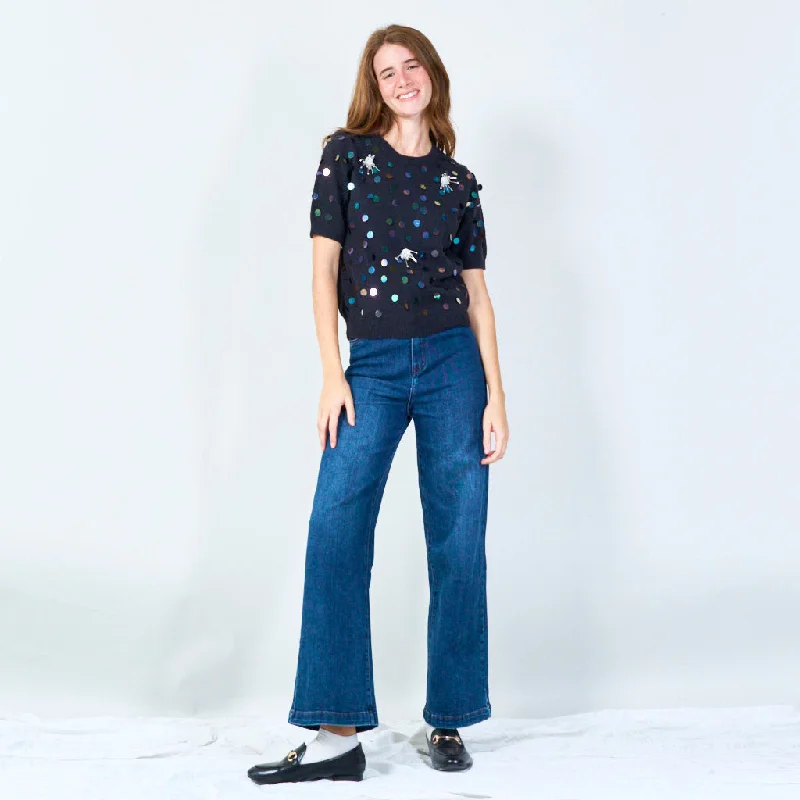 Sequin polka dot short sleeve knit top wholesale