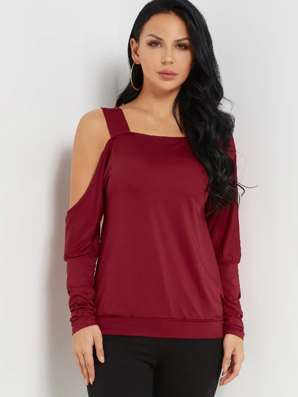 OEM ODM Off The Shoulder Plain Long Sleeve Burgundy T-Shirts