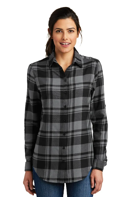 Port Authority Womens Flannel Long Sleeve Button Down Shirt - Grey/Black