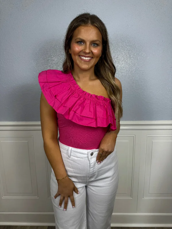 Fuchsia ruffled one shoulder bodysuit