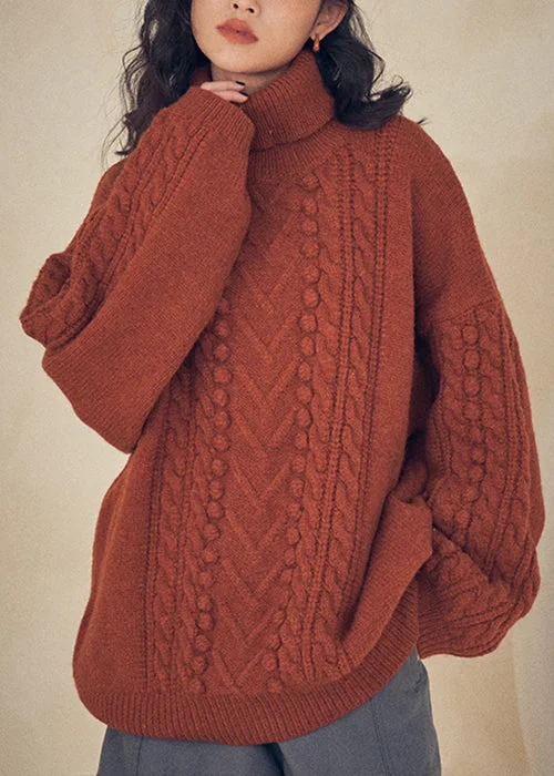 Women Caramel Turtleneck Patchwork Cable Knit Sweaters Top Fall