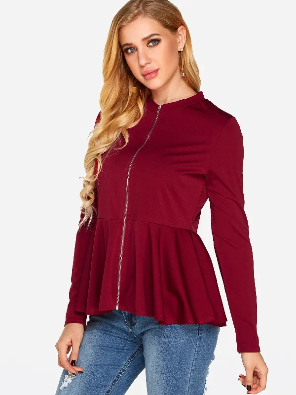 OEM ODM Zip Back Long Sleeve Burgundy T-Shirts