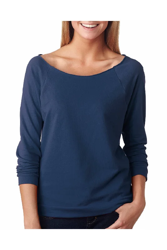 Next Level Womens French Terry 3/4 Sleeve Wide Neck T-Shirt - Indigo Blue - Closeout