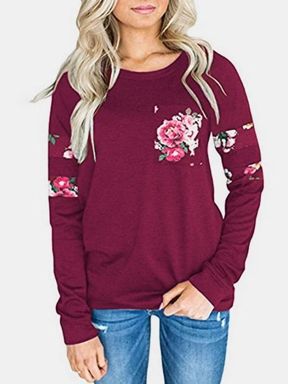 OEM ODM Round Neck Floral Print Long Sleeve Bodycon Hem Burgundy T-Shirts