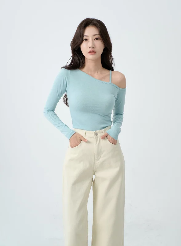 Unbalance Thin Strap Off-Shoulder T-Shirt IO24