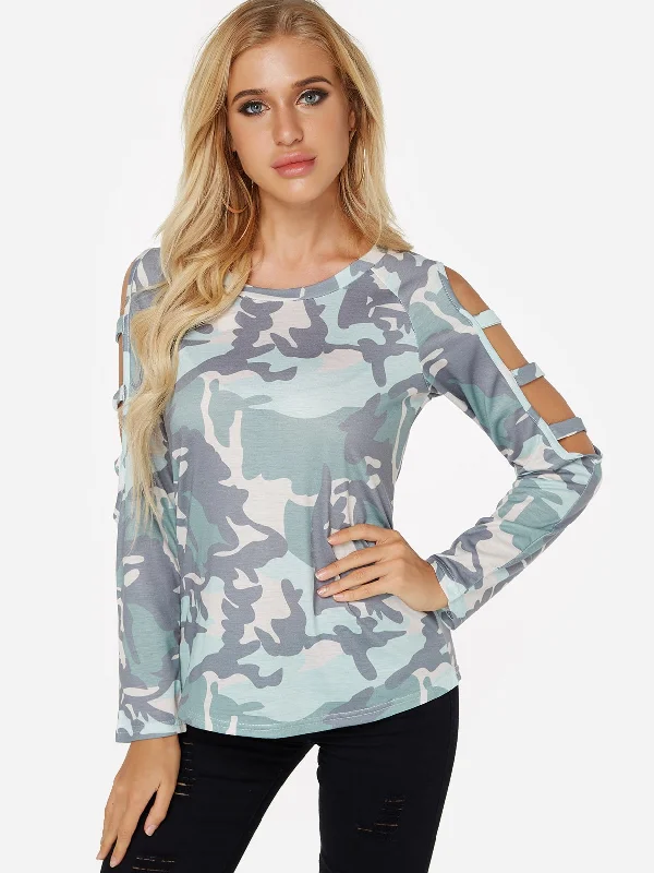 Custom Cold Shoulder Cut Out Long Sleeve Camo Top