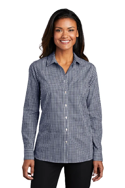 Port Authority Womens Broadcloth Gingham Wrinkle Resistant Long Sleeve Button Down Shirt - True Navy Blue/White - Closeout