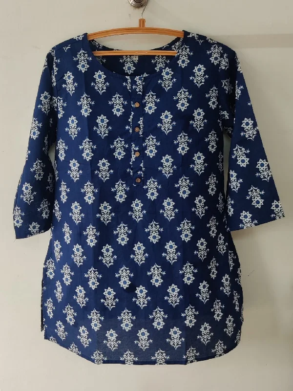 Pure Cotton Printed Short Kurta - Blue