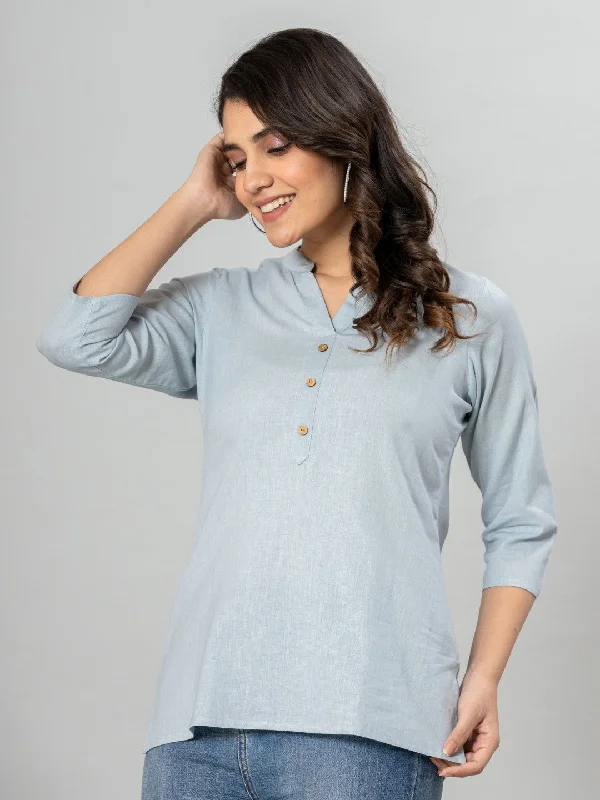 Solid Cotton Flax Women Top - Light Blue