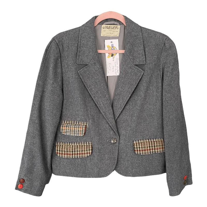 Jaeger Vintage Wool Single Breasted Jacket Grey with Tweed Detail UK Size 14